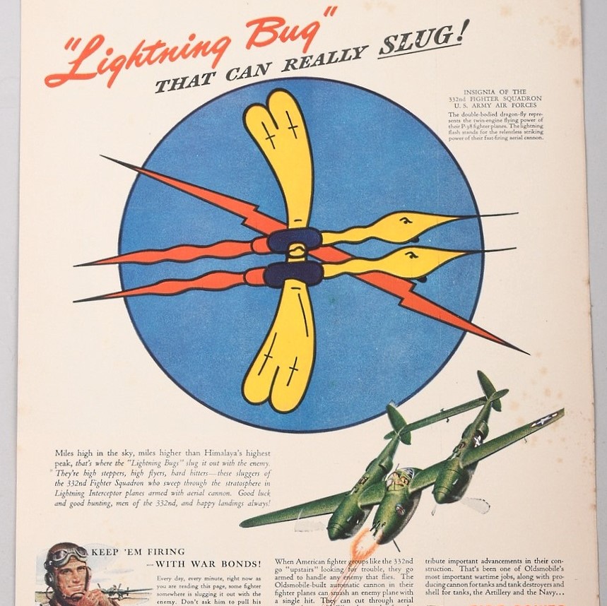 US WWII 1943 USAF 332nd Fighter Squadron Lightning Bug Oldsmobile Ad