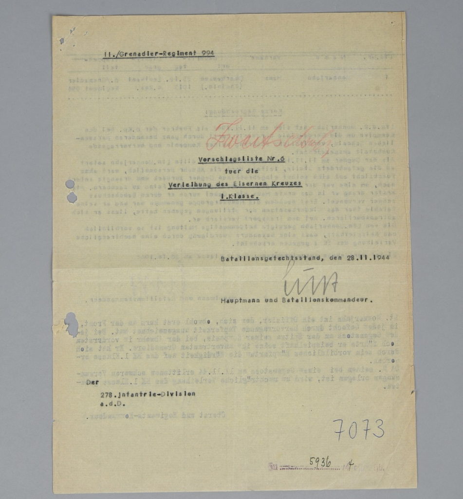 Iron Cross 1'st Class Proposal Document for a KIA Leutnant 11-11-1944, Italian Front