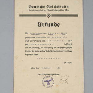 Reichbahn Promotion Document to Gruppen Führer Rupert Ortmann