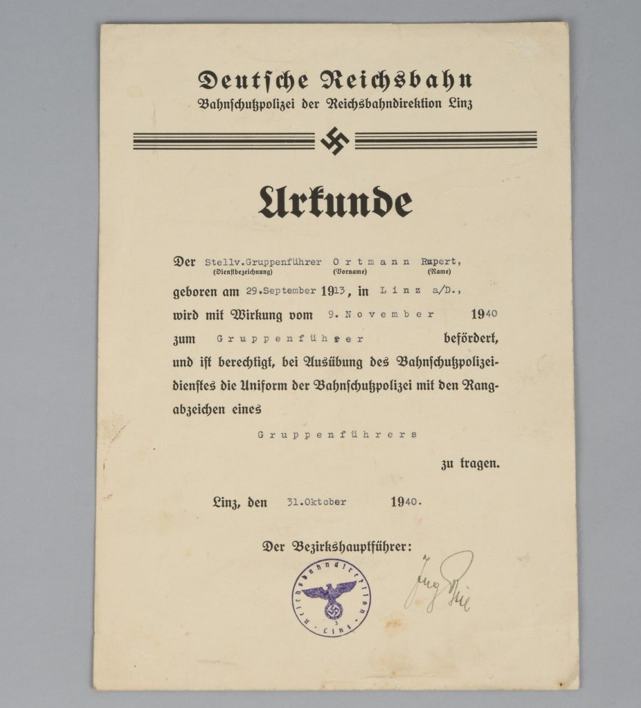 Reichbahn Promotion Document to Gruppen Führer Rupert Ortmann