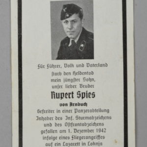 Heer Panzer Gefreiter Rupert Spies Death Card