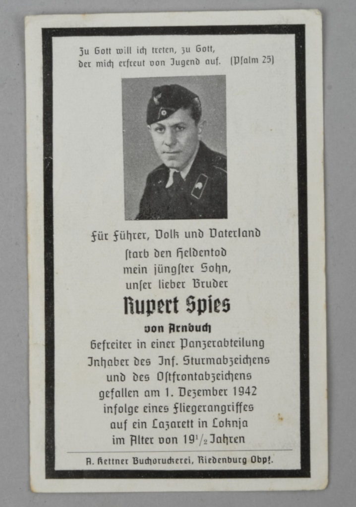 Heer Panzer Gefreiter Rupert Spies Death Card