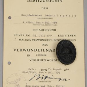 Wound Badge in Black 1939, "32" and Award Document