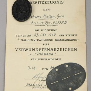 Wound Badge in Black 1939, Dog Tag and Award Document