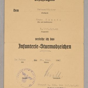 Infantry Assault Badge Award Document to Unteroffizier Franz Nemetz