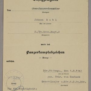 Panzer Assault Badge in Bronze Awarded to Panzer Obergrenadier Johann Rubl