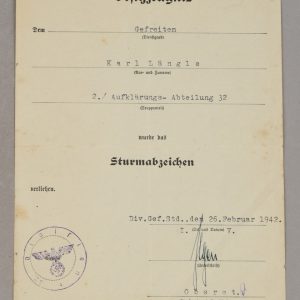 General Assault Badge Award Document to Gefreiten Karl Längle