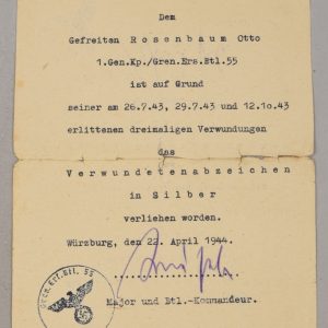 Preliminary Wound Badge in Silver Award Document awarded to Gefreiten Otto Rosenbaum